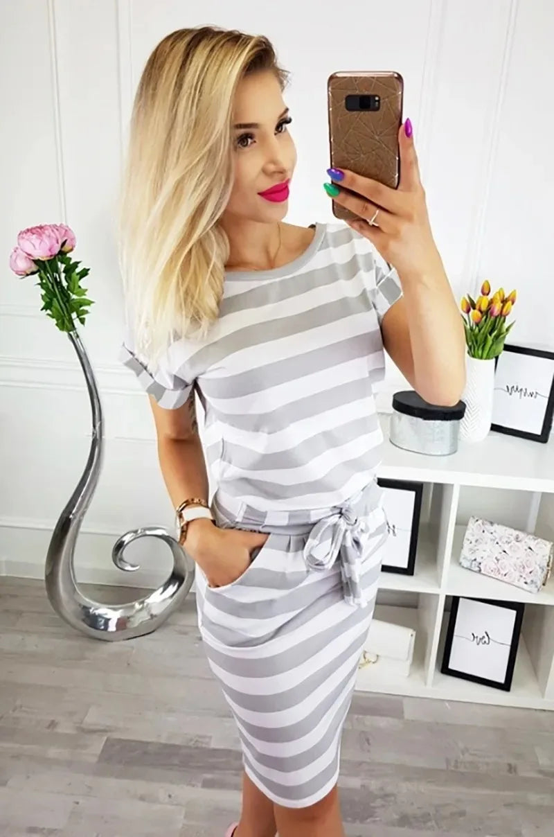 New Summer Casual Short Sleeve O-Neck Striped Oversize Women Dresses Slim Bodycon Dress Female Solid Pockets Midi Cotton Dress New Summer Casual Short Sleeve O-Neck Striped Oversize Women Dresses Slim Bodycon Dress Female Solid Pockets Midi Cotton Dress